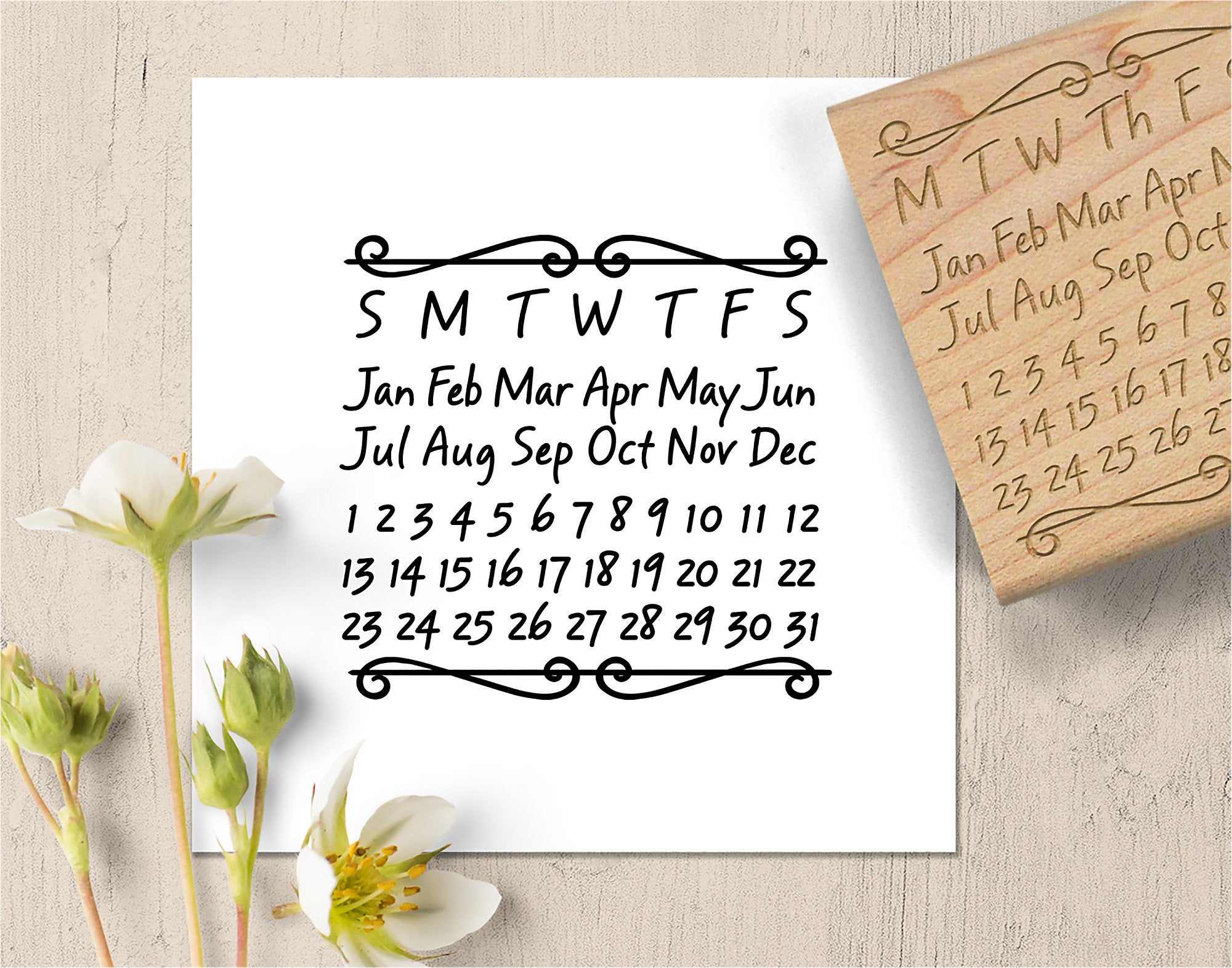 Perpetual Calendar Rubber Date Stamp, Monthly Calendar Stamp, Planner Stamp,  - Printed Heron