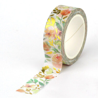 washi tape roll with watercolor flowers, leaves, and foil accents